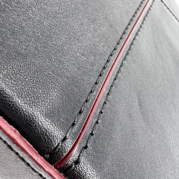 Pour La Victoire Slim Profile Shoulder Bag Black Leather Cherry Edging Flap Top - Picture 8 of 11